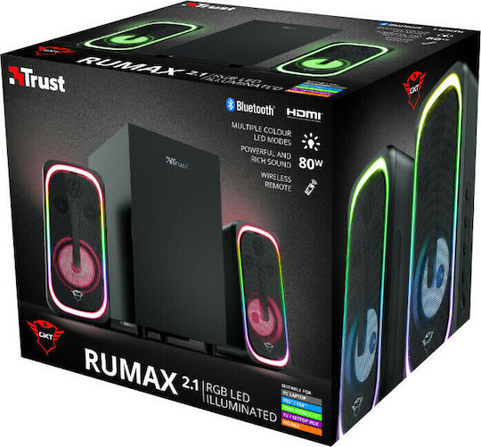 Trust GXT 635 Rumax Multiplatform RGB Ασύρματα Ηχεία Υπολογιστή 2.1 με RGB Φωτισμό και Bluetooth Ισχύος 80W Μαύρα