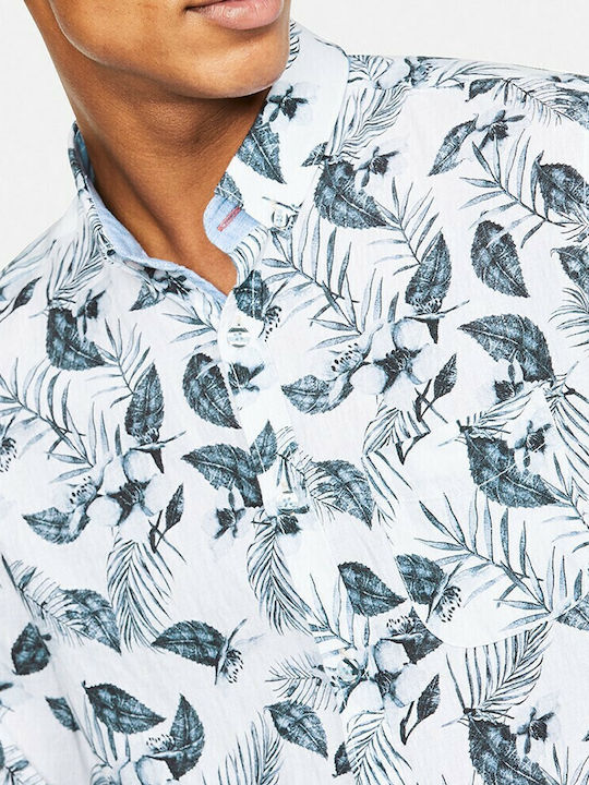 Long-sleeved Linen Shirt Floral Light Blue