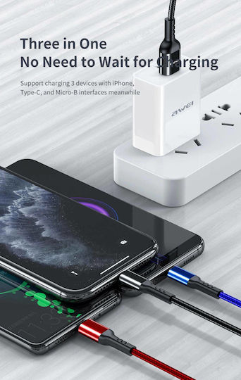 Awei CL-971 Braided USB to Lightning / Type-C / micro USB 1.2m 2.4A Cable (x24785)