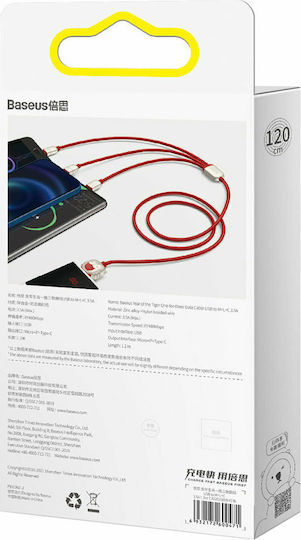 Baseus Tiger Braided USB to micro USB / Type-C / Lightning Cable 3.5A Κόκκινο 1.2m (CASX010009)