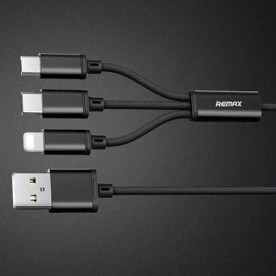 Remax Gition RC-131th Braided Cablu USB la Lightning / Type-C / micro USB cu mai multe porturi 2.8A Negru 1.15m