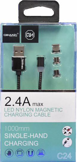 QIHANG QH-C24 Braided / Magnetic USB to Lightning / Type-C / micro USB 1m 2.4A Cable