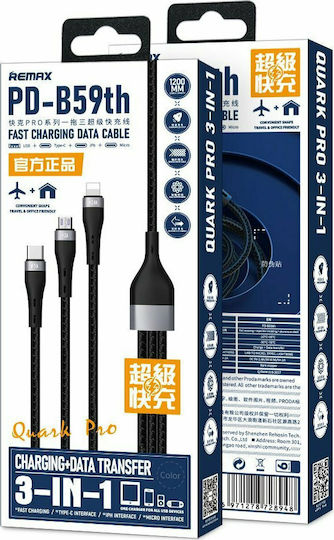 Proda Braided USB to Lightning / Type-C / micro USB Cable Μαύρο 1.2m (PD-B59th)