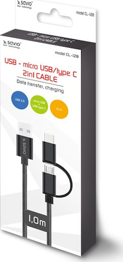 Savio Braided USB to Type-C / micro USB Cable 2.1A Μαύρο 1m (CL-128)