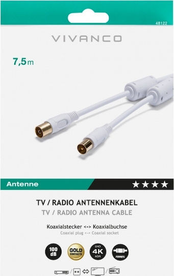 Vivanco Antenna Cable Coax male - Coax female White 7.5m (48122) 1pcs