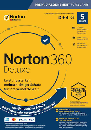 Norton 360 Deluxe за 5 устройства и 1 година използване (Електронно разрешение)