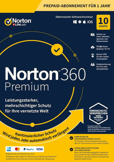 Norton 360 Premium for 10 Devices and 1 Year of Use (Electronic License)