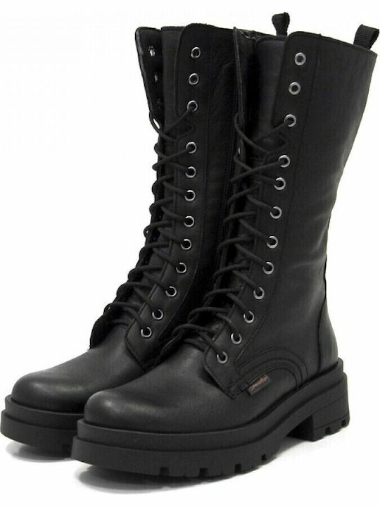 Leather Medium Heel Women's Boots with Laces Black