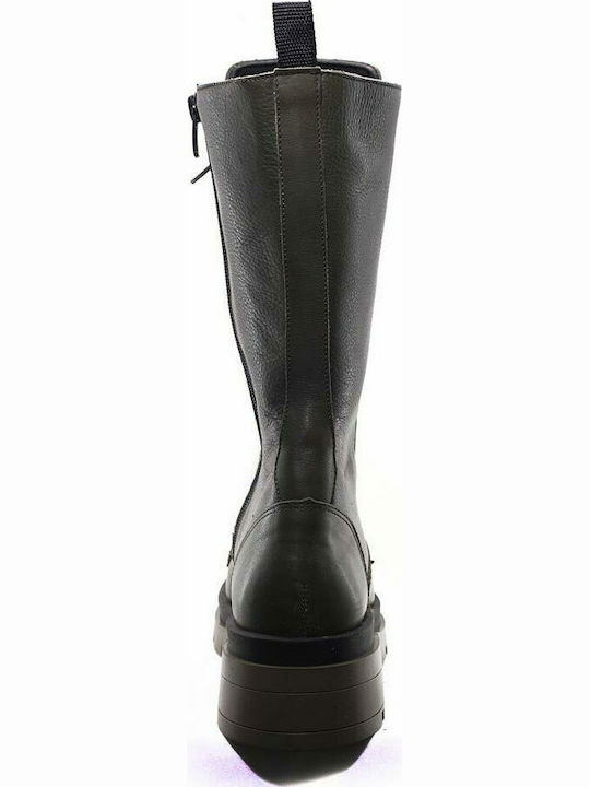 Leather Women's Ankle Boots with Medium Heel Olive
