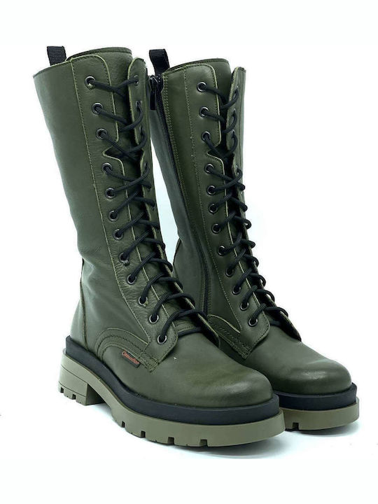 Leather Women's Ankle Boots with Medium Heel Olive