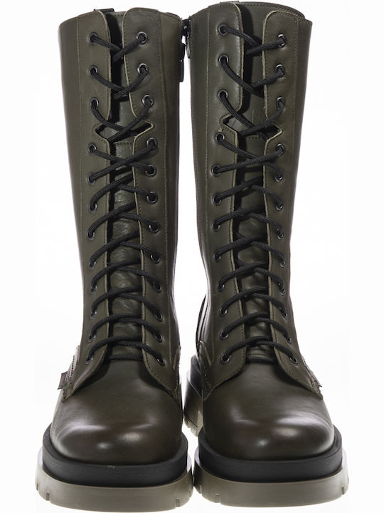 Leather Women's Ankle Boots with Medium Heel Olive