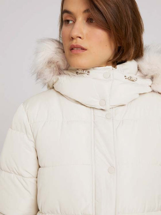 Kurz Damen Puffer Jacke mit pelziger Kapuze für Winter Beige