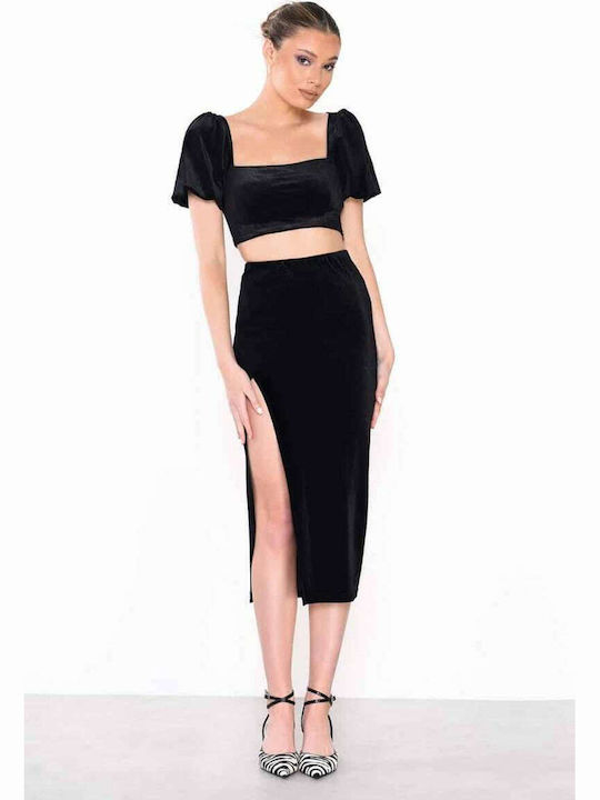 Women's Crop Top Velvet Short Sleeve Black