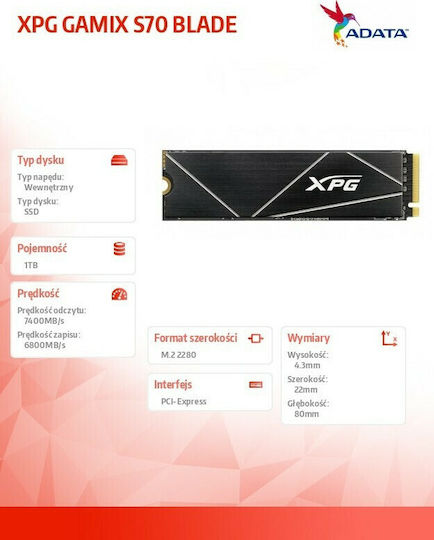 Adata XPG Gammix S70 Blade SSD 1TB M.2 Type with PCI Express 4.0 Connection and Heatsink PS5 Compatible AGAMMIXS70B-1T-CS