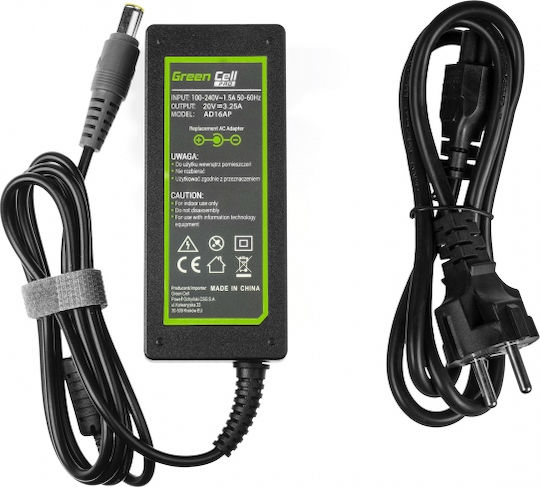 Green Cell Φορτιστής Laptop 65W 20V 3.25A για Lenovo με Αποσπώμενο Καλώδιο Τροφοδοσίας