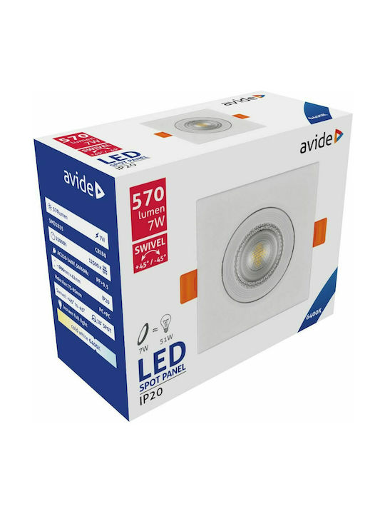 Avide ALDLS38CW-S-7W Square Plastic Recessed Spot with Integrated LED and Cool White Light White 9x9cm.