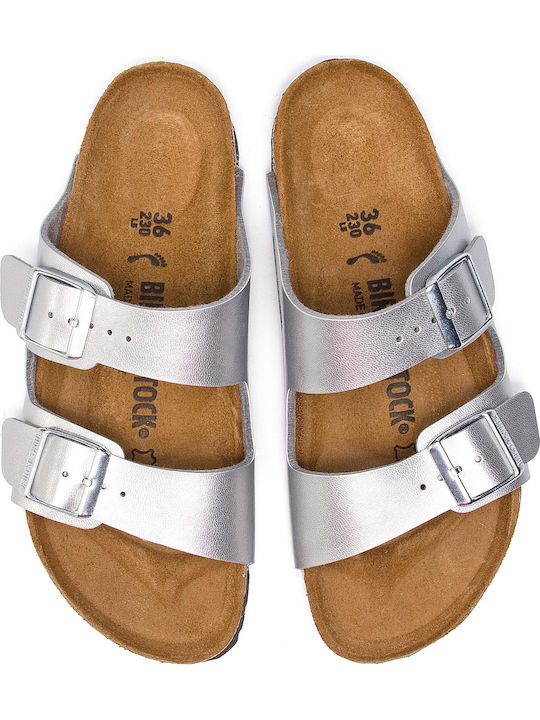 Arizona Birko Flor Women's Flat Sandals Anatomic in Silver Color Narrow Fit