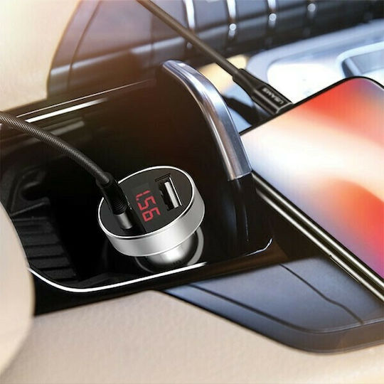 Usams CC045 Car Charger 2.1A with Ports: 2xUSB and Voltmeter White Color