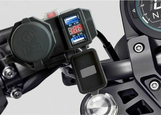 Water Resistant Motorcycle Phone Charger 2.1A with 2xUSB & 1x Lighter with Voltometer