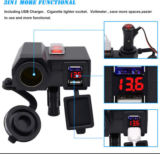 Water Resistant Motorcycle Phone Charger 2.1A with 2xUSB & 1x Lighter with Voltometer