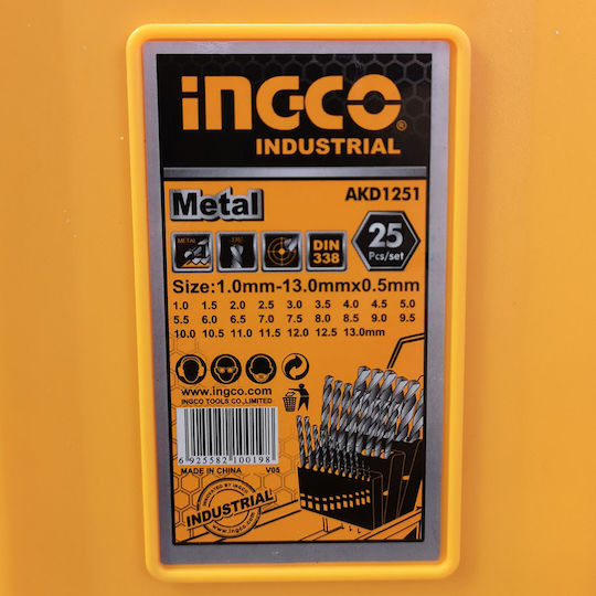 Ingco Set of 25 1-13mm Drills HSS with Cylindrical Shank for Metal