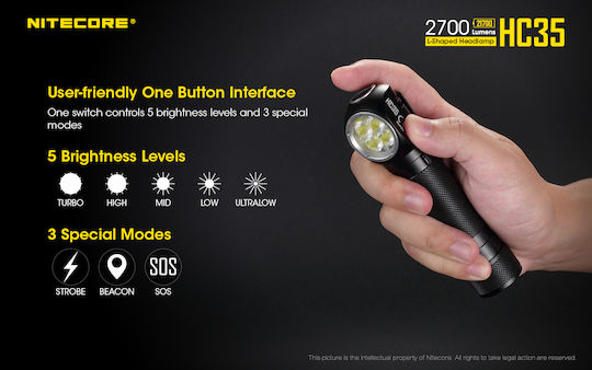 NiteCore Επαναφορτιζόμενος Φακός Κεφαλής LED IP68 με Μέγιστη Φωτεινότητα 2700lm HC35 18650, CR123, RCR123