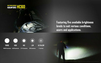 NiteCore Rechargeable Headlamp LED Waterproof IPX7 with Maximum Brightness 1000lm HC60 2 x CR123