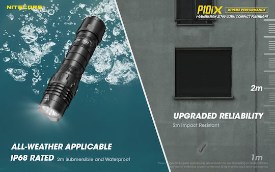 NiteCore Rechargeable Flashlight LED IP68 with Maximum Brightness 4000lm P10ix 2x CR123 Black
