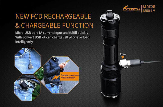 Fitorch Rechargeable Flashlight LED IPX8 with Maximum Brightness 1800lm M30R