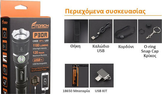 Fitorch Rechargeable Flashlight LED IPX8 with Maximum Brightness 1180lm Black