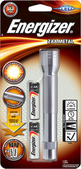 Energizer Flashlight LED IPX4 with Maximum Brightness 55lm Metal 2ΑΑ 2pcs Silver