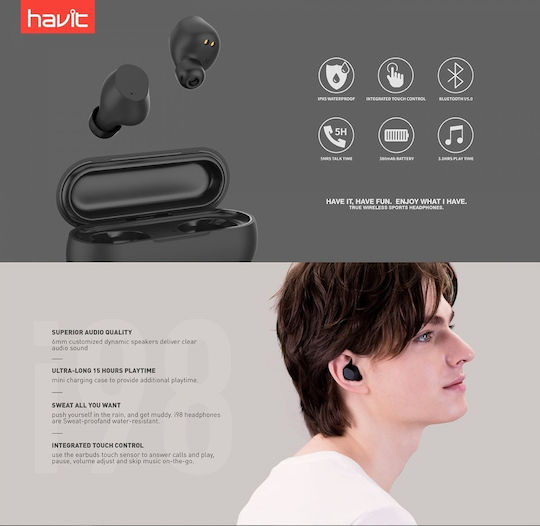 Havit i98 In-ear Bluetooth Handsfree Ακουστικά με Αντοχή στον Ιδρώτα και Θήκη Φόρτισης Μαύρα