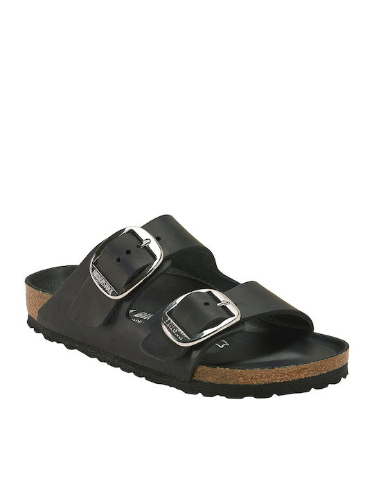 Arizona Big Buckle Oiled Leather Leather Women's Flat Sandals Anatomic in Black Color Narrow Fit