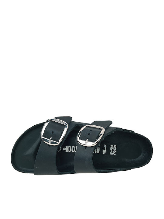 Arizona Big Buckle Oiled Leather Leather Women's Flat Sandals Anatomic in Black Color Narrow Fit