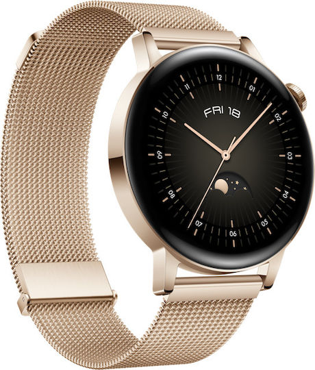 Huawei Watch GT 3 Elegant Stainless Steel 42mm Waterproof with Heart Rate Monitor (Gold Milanese Strap)