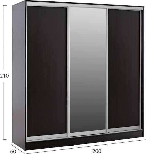 Τρίφυλλη Ντουλάπα Συρόμενη με Καθρέπτη Wenge 200x60x210cm