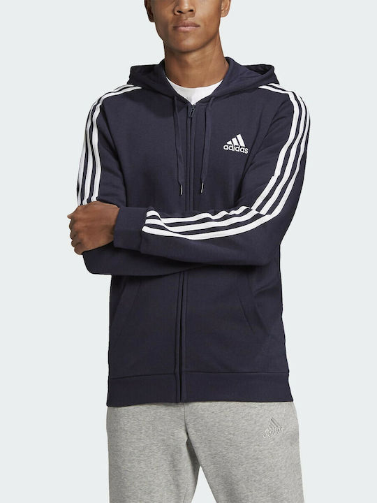 Essentials 3-Stripes Logo Cardigan With Hood Navy Blue
