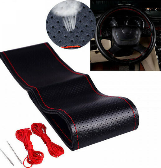 GlobalExpress Car Steering Wheel Cover Tailored with Diameter 36cm made of Leatherette Black with Red Stitching
