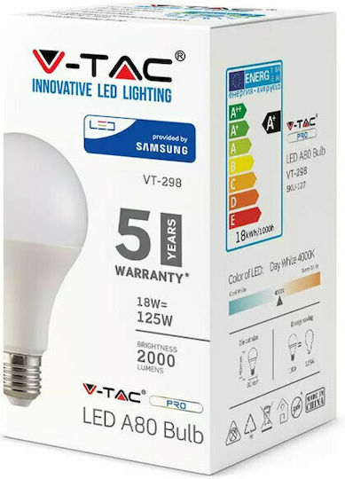 V-TAC VT-298 Bec LED 18W pentru Soclu E27 și Formă A80 Alb rece 2000lm