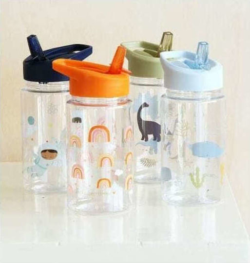 A Little Lovely Company Kids Water Bottle Plastic with Straw Blue 450ml
