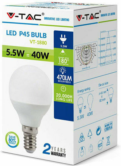 V-TAC VT-1880 LED Bulb 5.5W 80mm for Socket E14 and Shape P45 Warm White 470lm