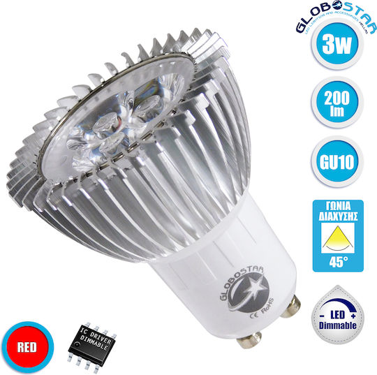 GloboStar LED Bulb 3W For GU10 Socket And MR16 Shape Red 250 Lumen Dimmable