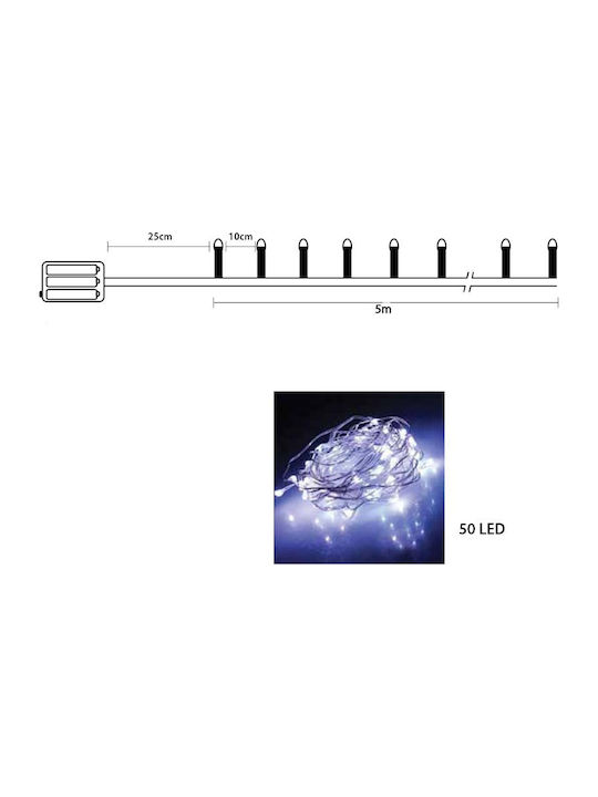 50 Lights LED 5m. Cold White Battery in String 1pcs