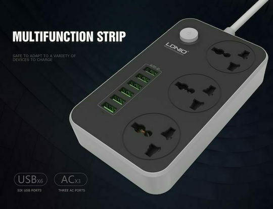 Ldnio Πολύπριζο 3 Θέσεων με 6 USB-A, Διακόπτη και Καλώδιο 2m