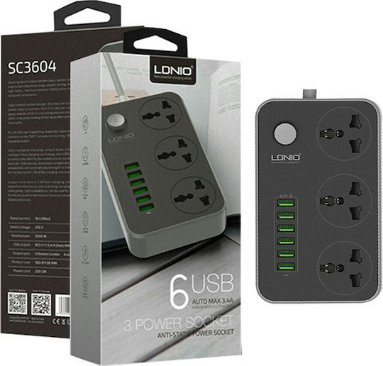 Ldnio Πολύπριζο 3 Θέσεων με 6 USB-A, Διακόπτη και Καλώδιο 2m