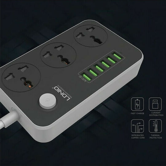 Ldnio Πολύπριζο 3 Θέσεων με 6 USB-A, Διακόπτη και Καλώδιο 2m