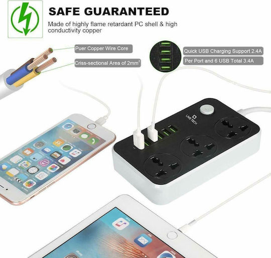 Ldnio Πολύπριζο 3 Θέσεων με 6 USB-A, Διακόπτη και Καλώδιο 2m