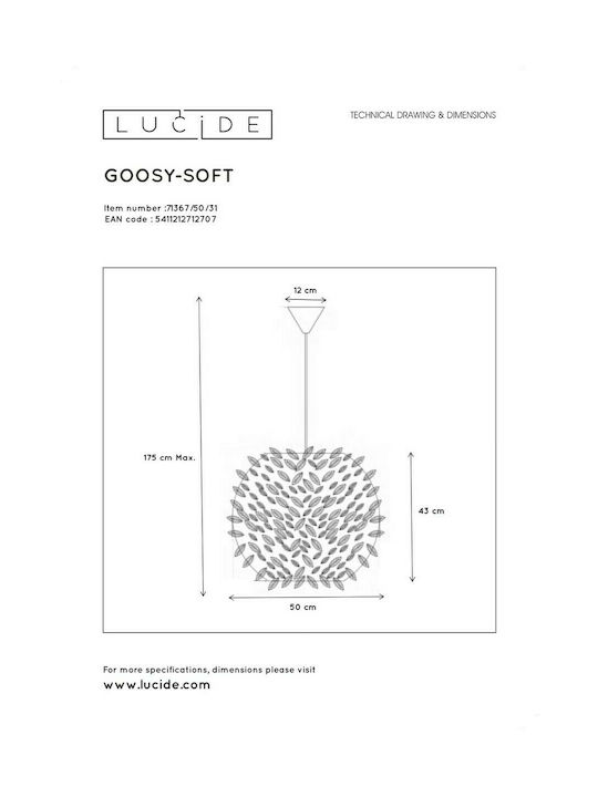 Lucide Lightning Goosy Soft Κρεμαστό Φωτιστικό Λευκό με Ντουί E27 50x50εκ.