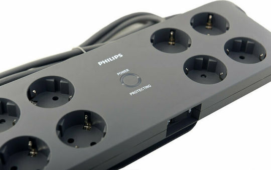 Philips Power Strip with Surge Protection 8 Positions with Switch and Cable 2m Gray