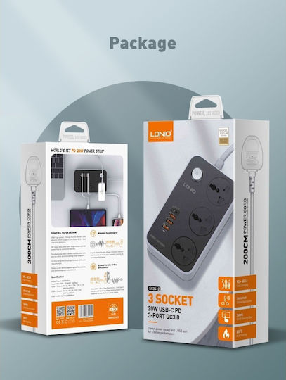 Ldnio Πολύπριζο 3 Θέσεων με 3 USB-A, 1 USB-C, Διακόπτη και Καλώδιο 2m